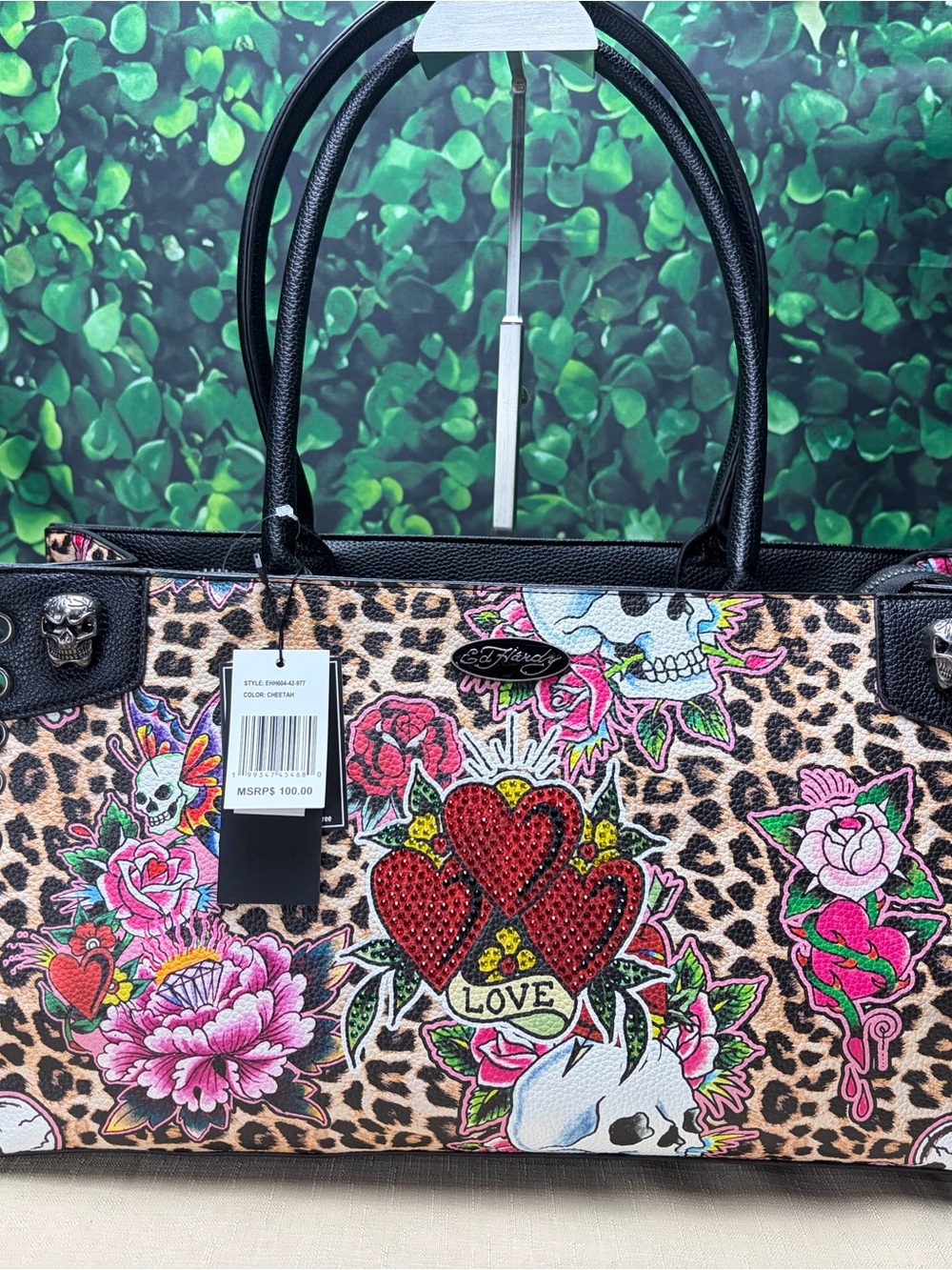 Ed Hardy Leopard-Print Tote with Red Heart Embroidery